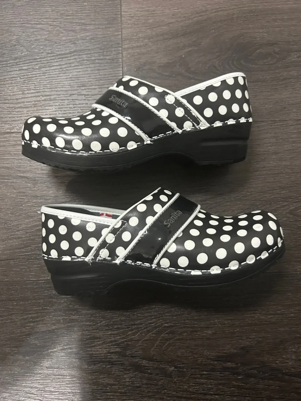 Sanita Black and White Polka Dot Danish Clogs - Picture 2 of 4